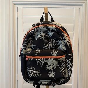 Roxy Black Floral Backpack with Coral Zippers Euc, No Flaws